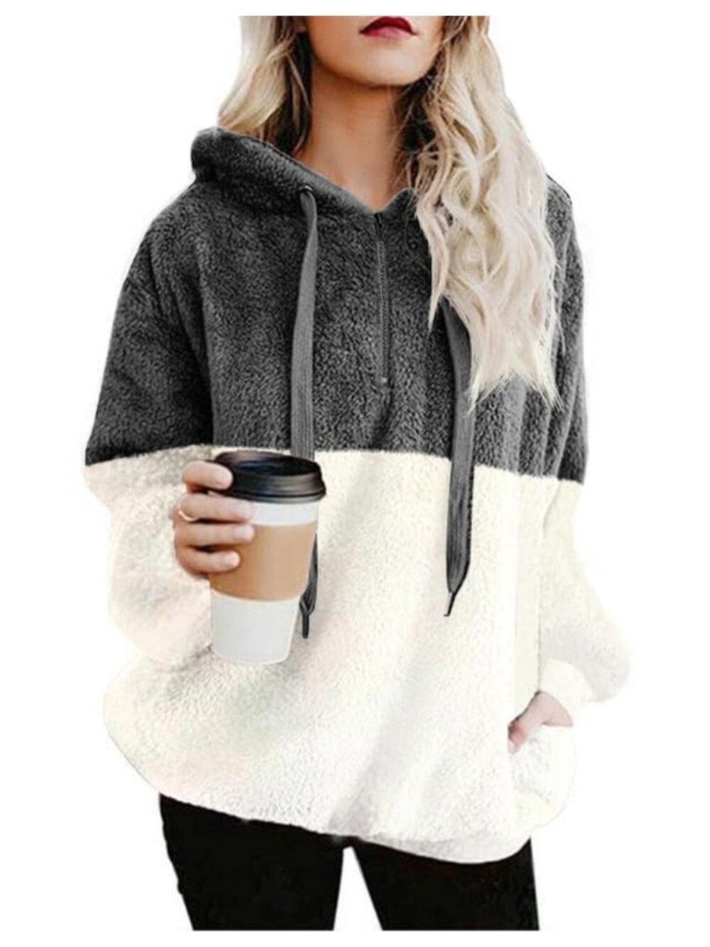 Womens Oversized Fuzzy Fleece Hoodie Sherpa Sweatshirt 1/4 Zip Plus Size
